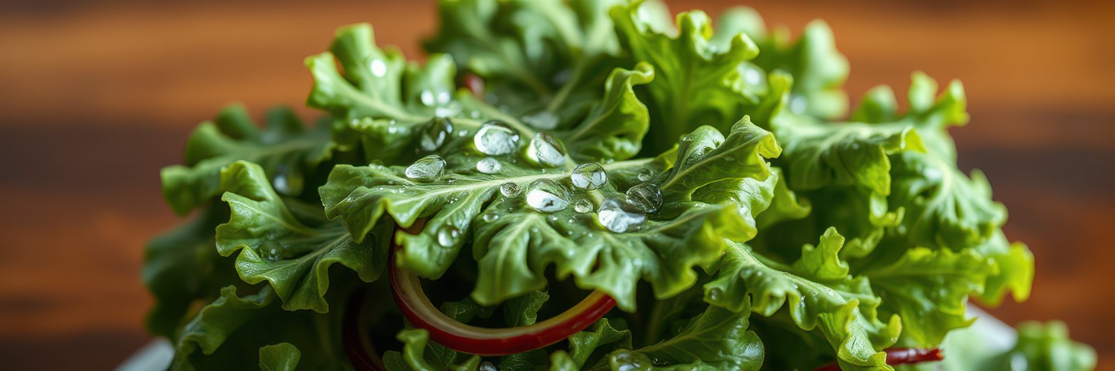 Freshly washed leafy greens with water droplets glistening under natural light